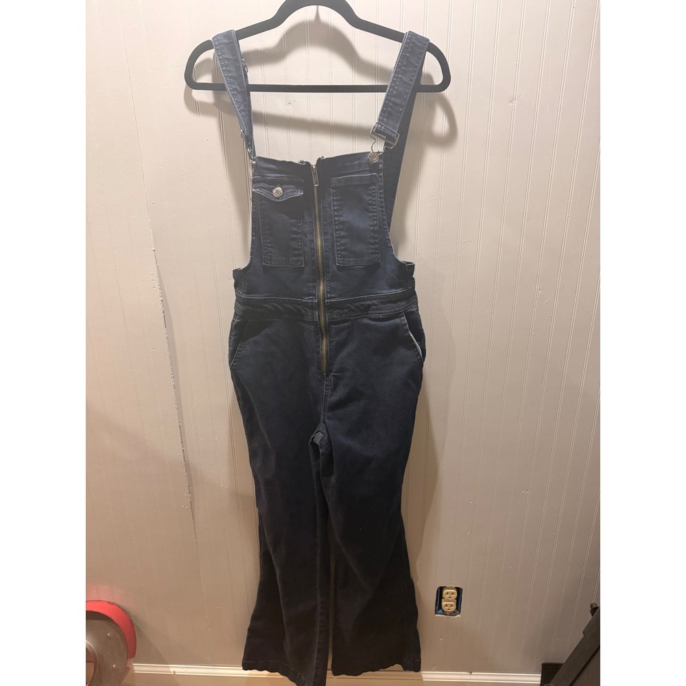 Vanilla Star Womens Dark Wash Denim Front Zip‎ Flare Leg Overalls Small